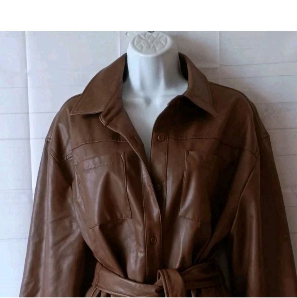 7 For All Mankind Brown Faux Leather Long Sleeve Shirt Dress with Belt - Picture 3 of 6